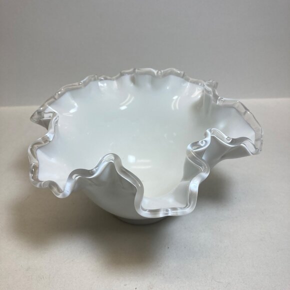 Fenton Silver Crest Milk Glass Bowl Clear Edging Scalloped White Candy Dish - Picture 1 of 10